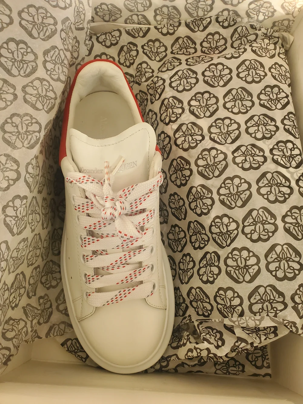 Alexander McQueen White Leather Sneakers with Red Accent and Patterned Laces